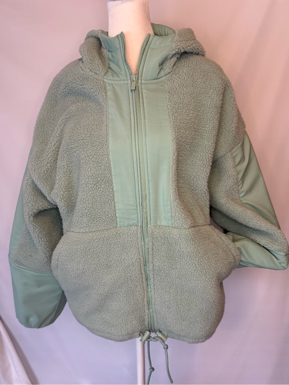 all in motion Sage Minty Green Sherpa Zip-Up Hooded Jacket with Solid Panels - Picture 1 of 14